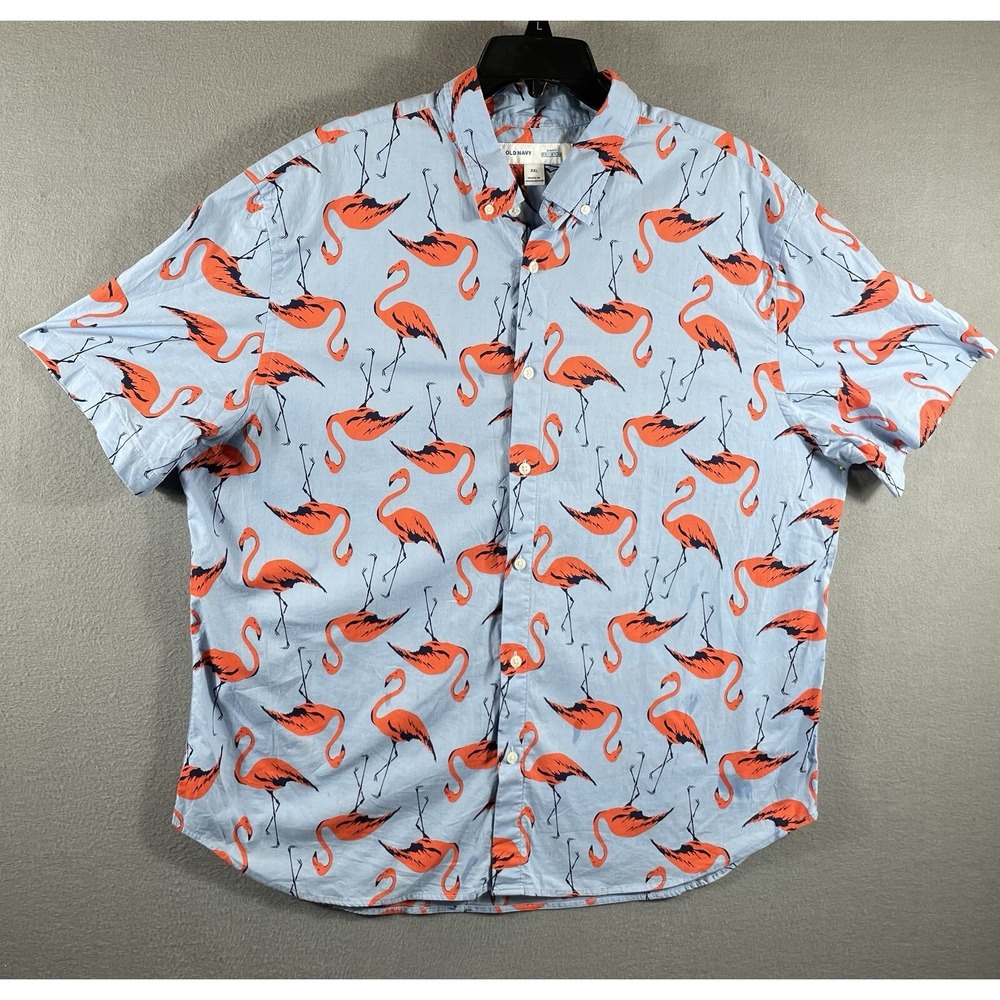 Old Navy Slim Fit Shirt‎ Built-in Flex XXL Blue with Orange Flamingos